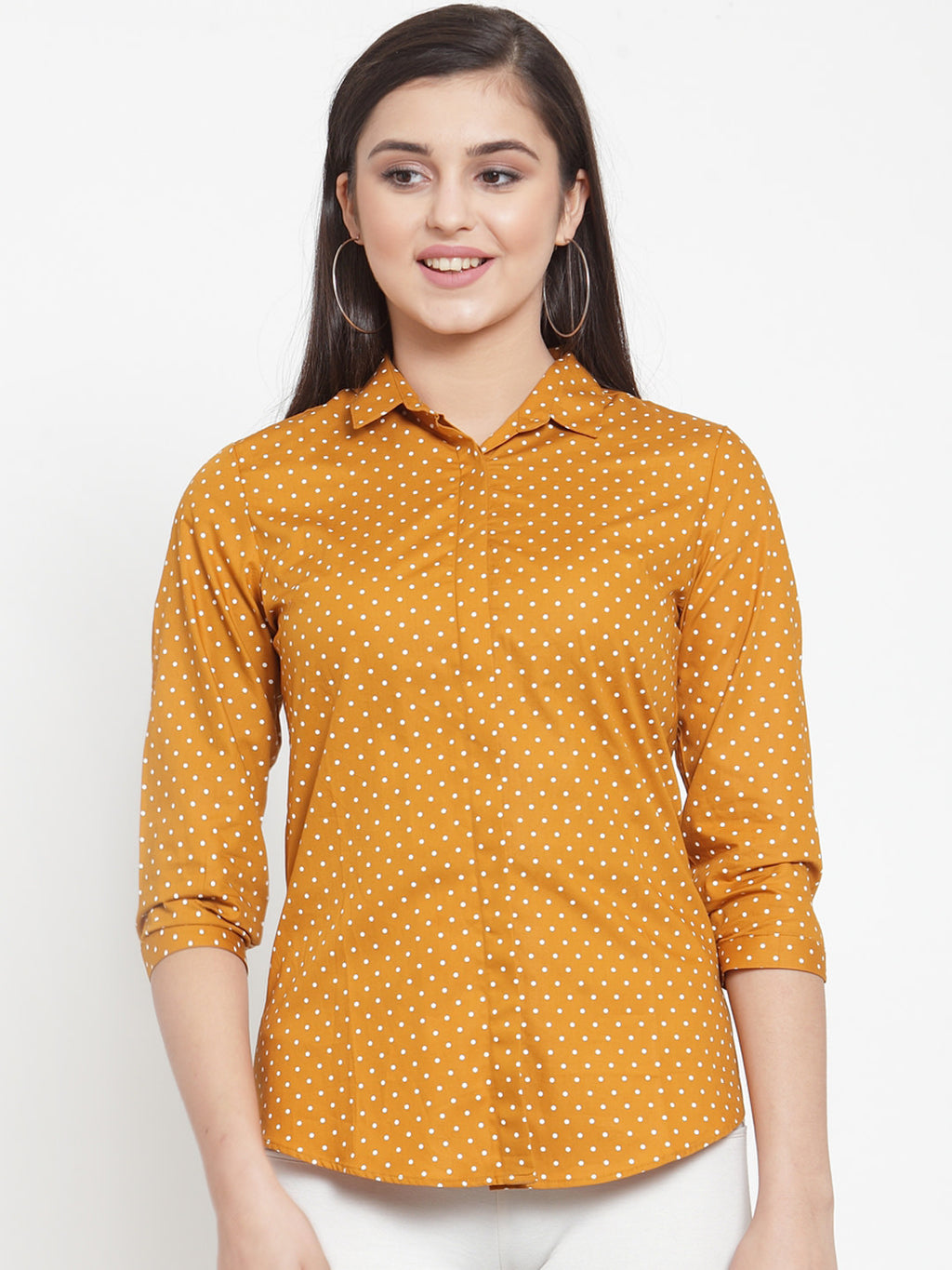 Women Mustard Yellow & Off-White Slim Fit Printed Formal Shirt