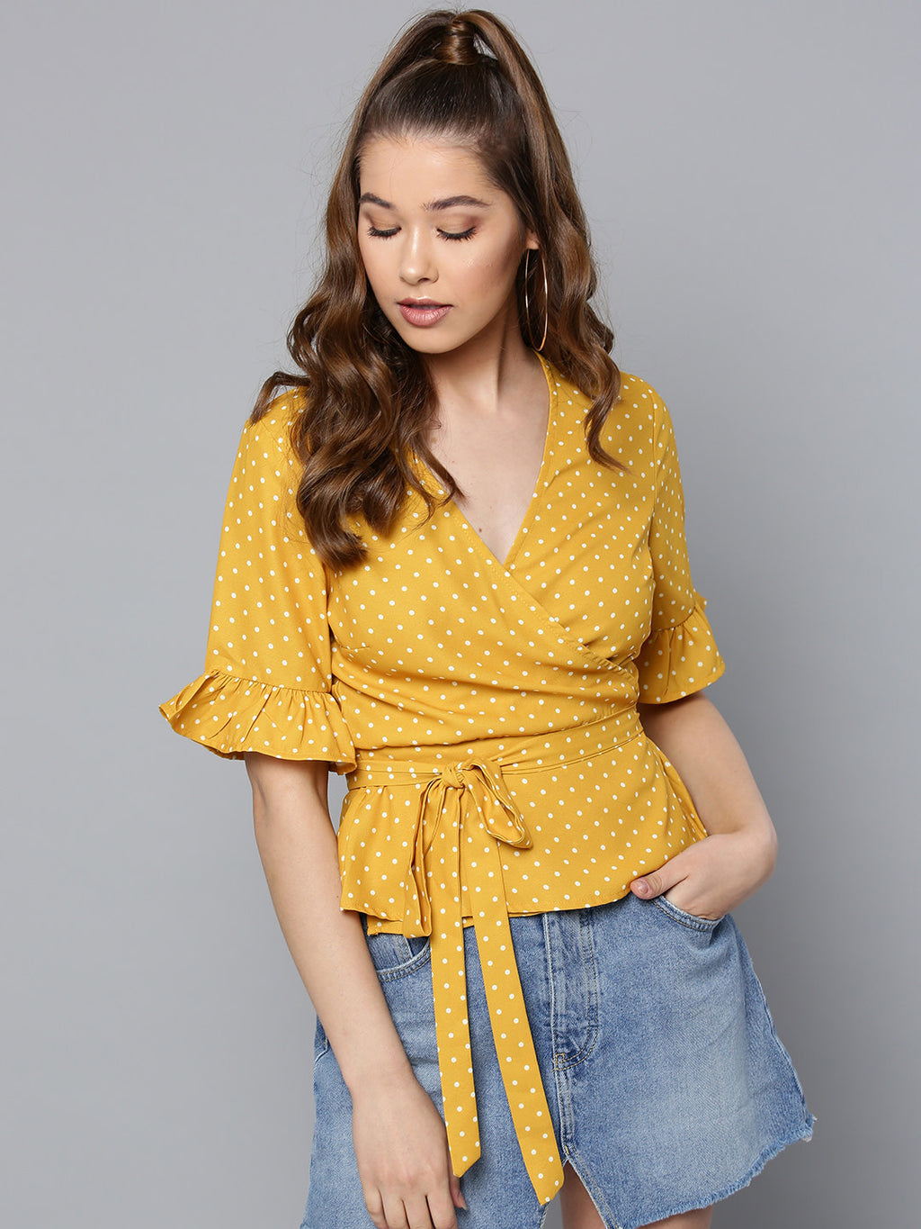 Women Mustard Yellow Printed Wrap Top