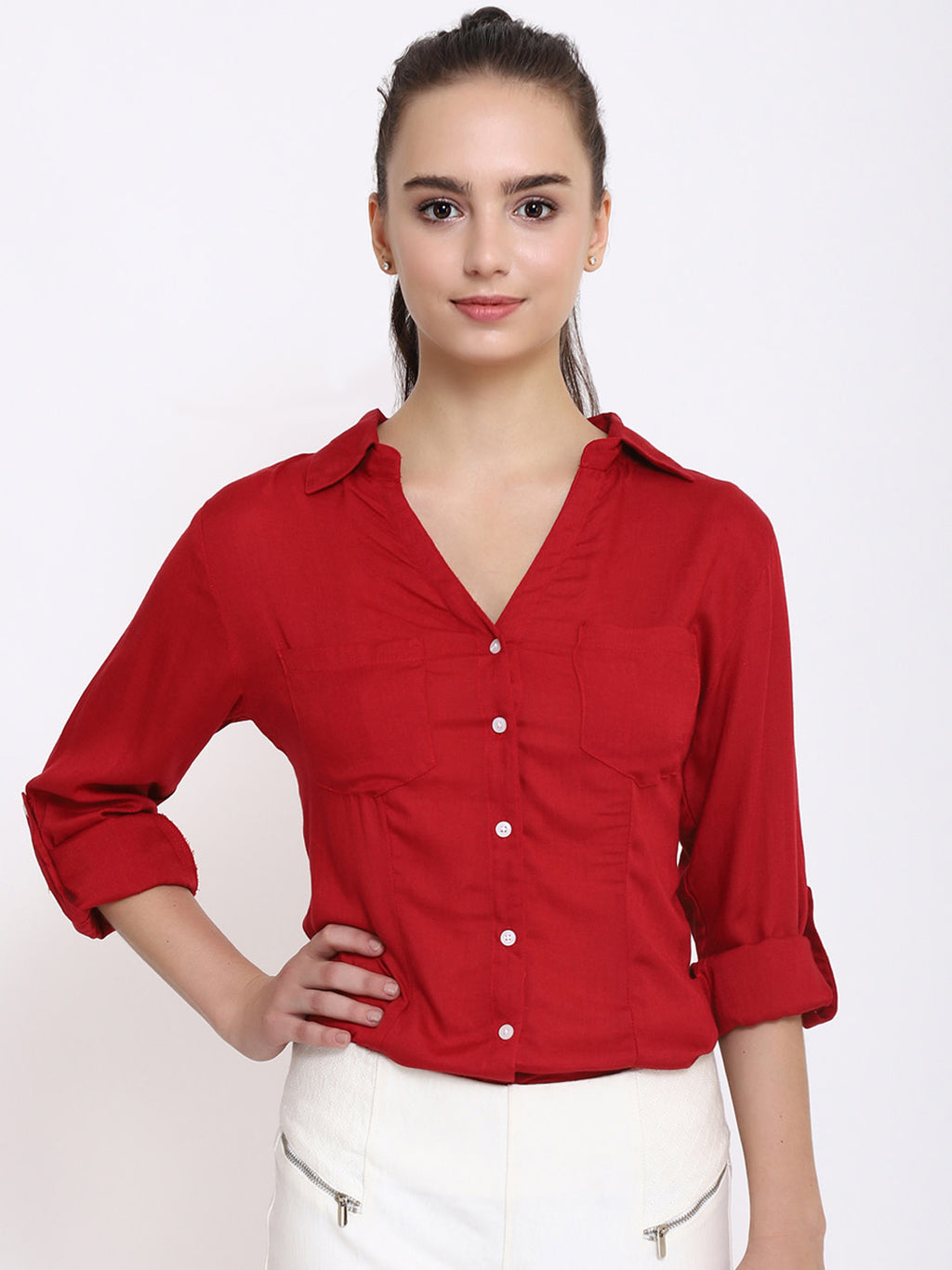 Women Red Regular Fit Solid Formal Shirt