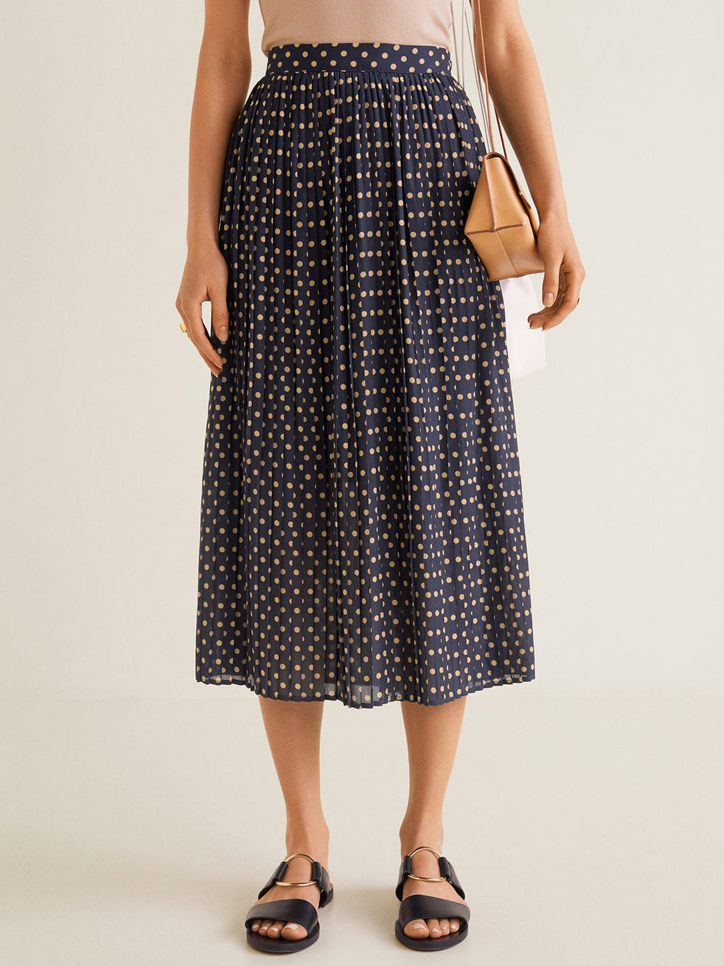 Women Navy Polka Dot Print Accordion Pleat A-line Skirt