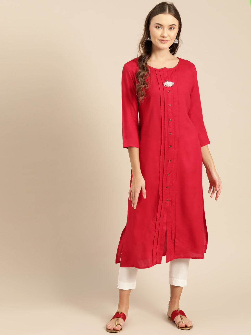 Women Red Solid Straight Kurta