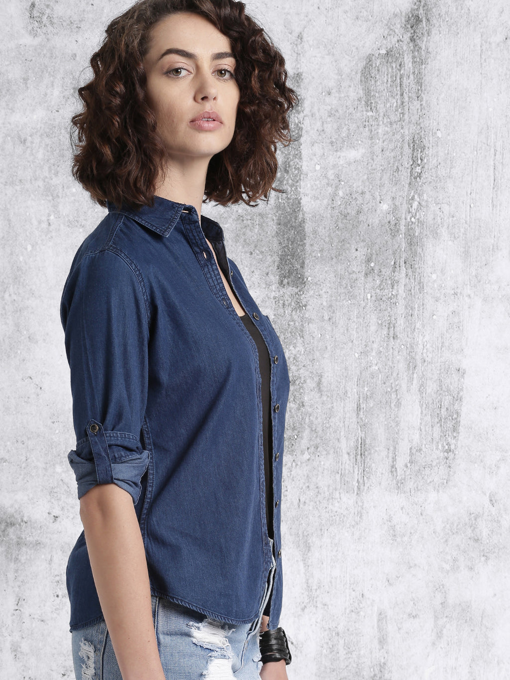 Women Blue Solid Denim Casual Shirt