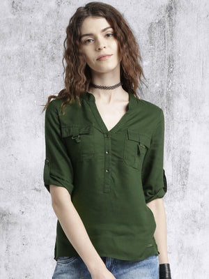 Women Olive Green Shirt Style Top