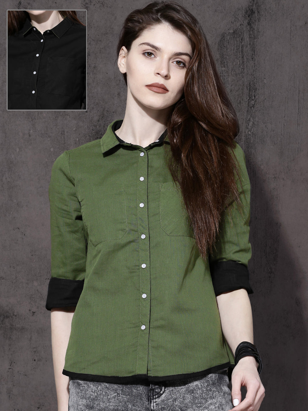 Women Olive Green & Black Regular Fit Solid Casual Shirt