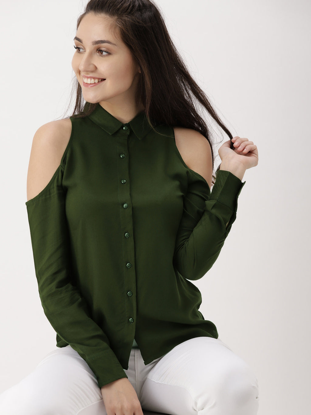 Women Olive Green Regular Fit Solid Off-shoulder Casual Shirt