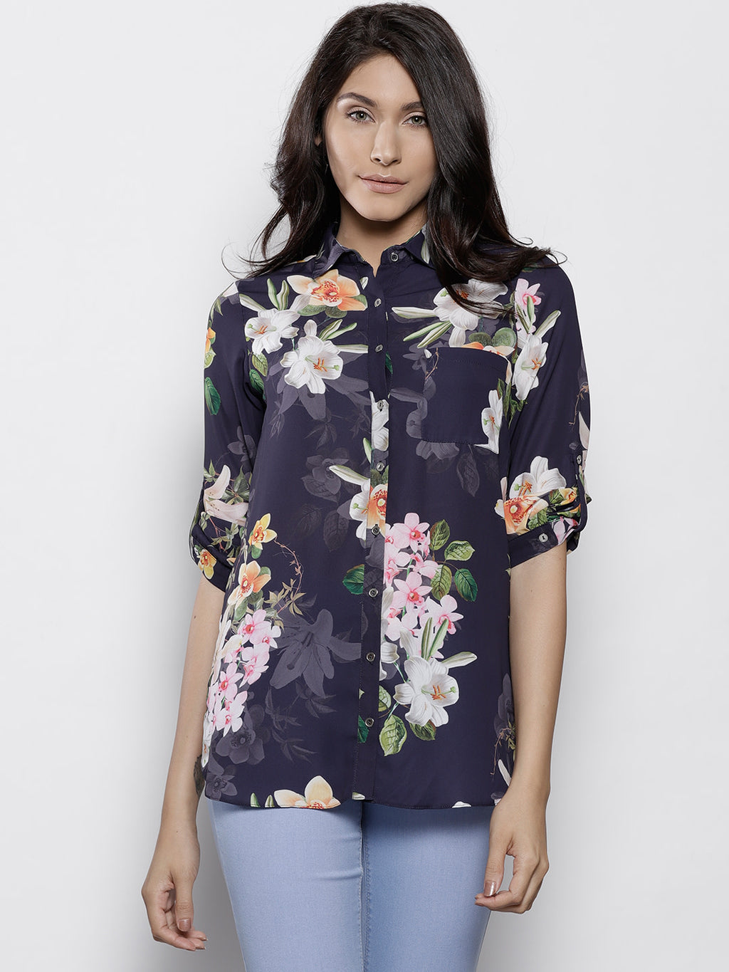 Women Navy Blue Regular Fit Floral Print Casual Shirt