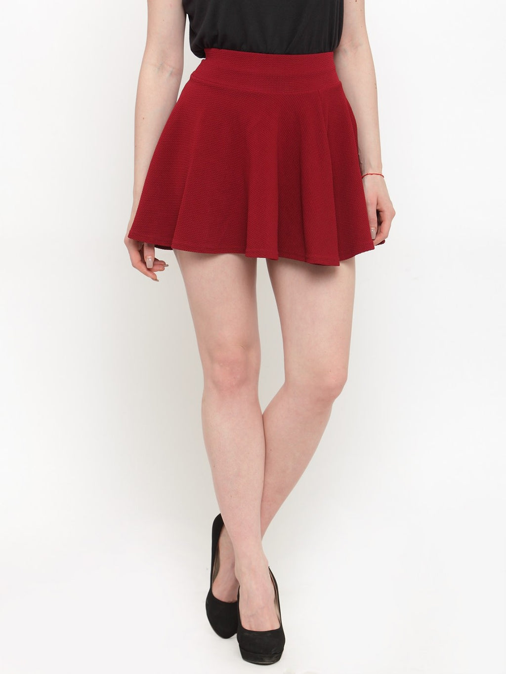 Maroon Ruffle Knit Mini Skater Skirt