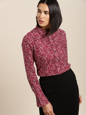 Women Maroon & White Regular Fit Printed Casual Shirt