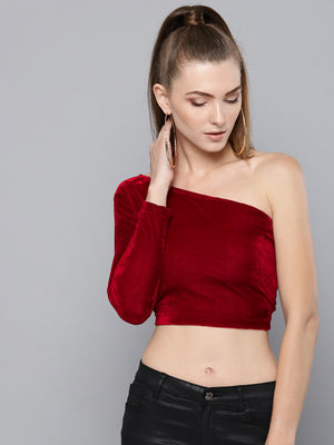 Women Maroon Solid One-Shoulder Velvet Finish Crop Top