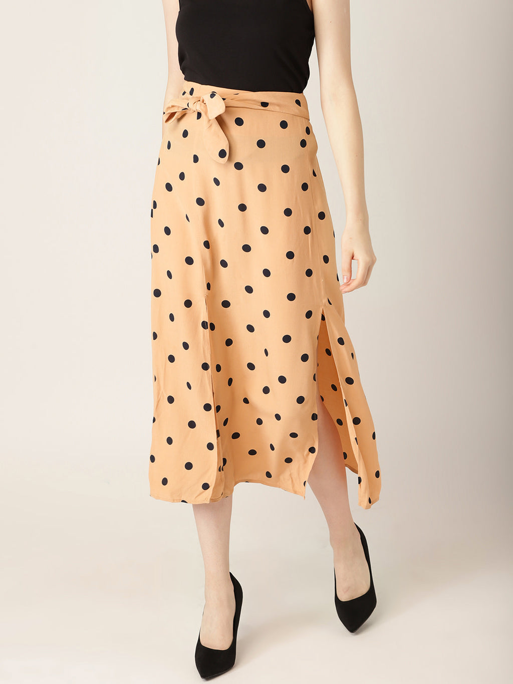 Women Beige & Black Polka Dots Print A-line Skirt