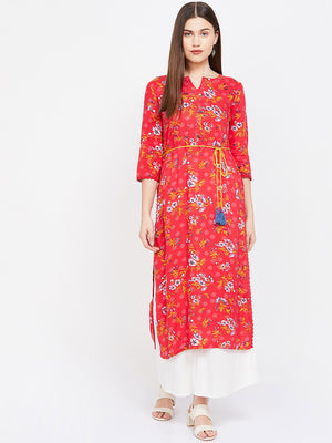 Women Red Printed Straight Kurta