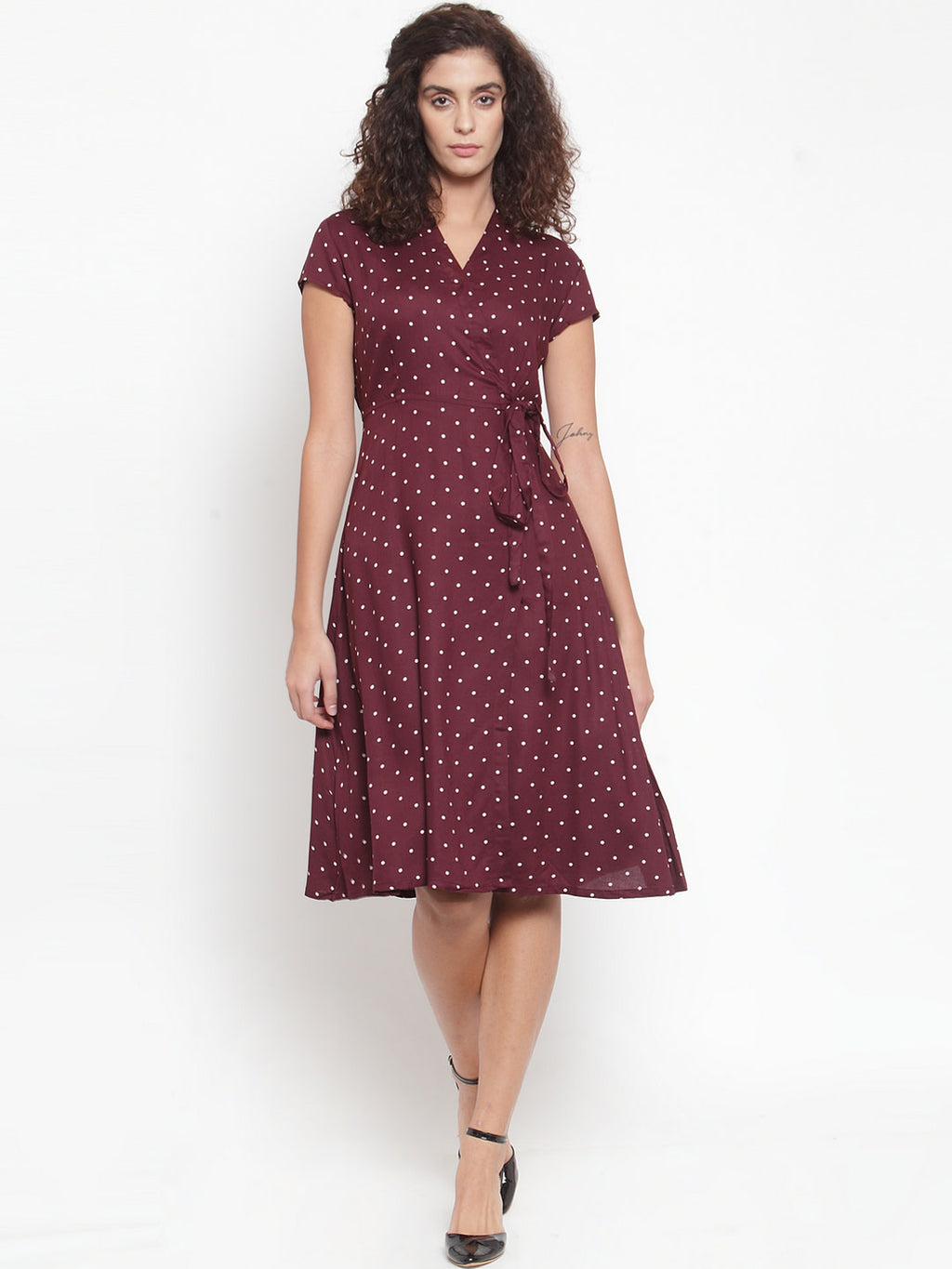 Women Burgundy & White Printed Wrap Dress