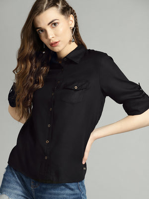 Women Black Regular Fit Solid Casual Shirt