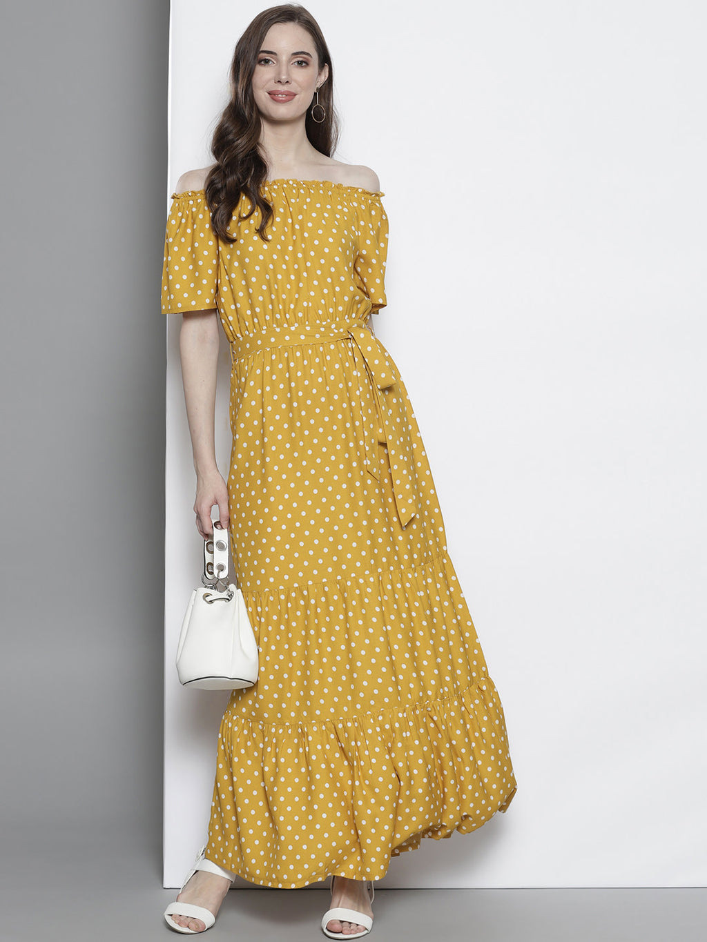 Women Mustard Yellow Off-Shoulder Printed Maxi Dress