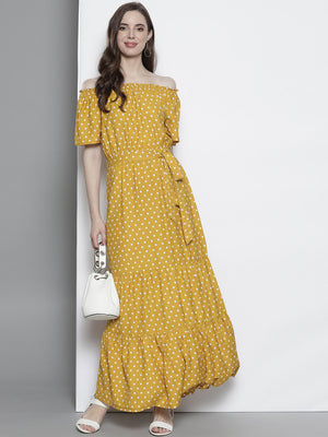 Women Mustard Yellow Off-Shoulder Printed Maxi Dress