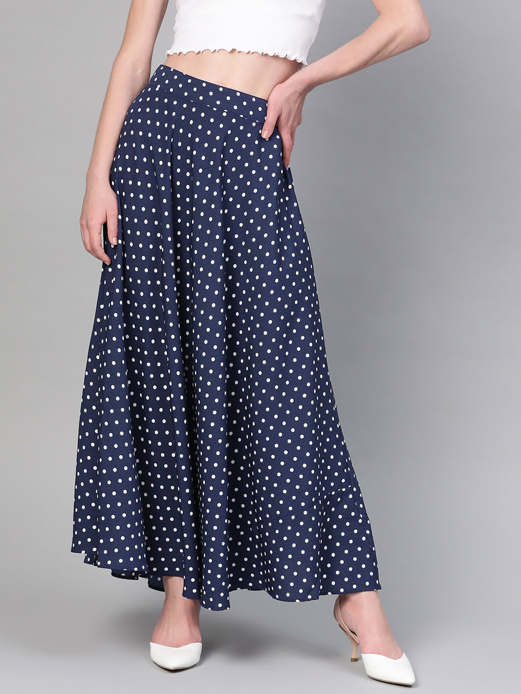 Women Navy Blue & White Printed Flared Maxi Skirt