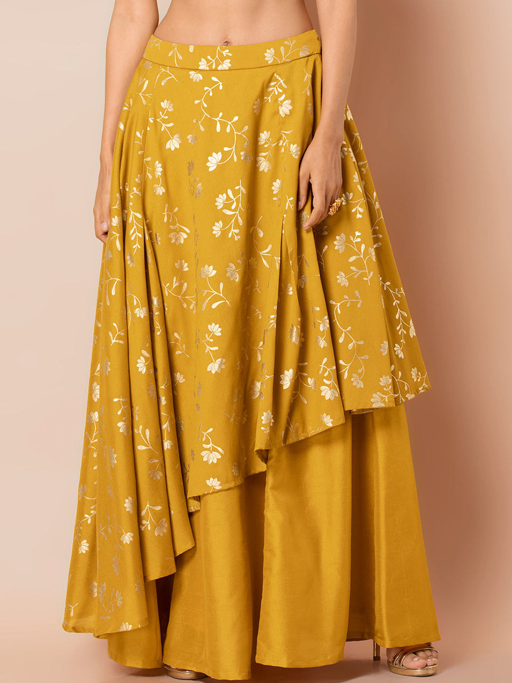 Women Mustard Yellow & Gold-Toned Printed Maxi Skirt