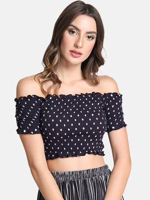 Women Navy Blue Printed Bardot Top