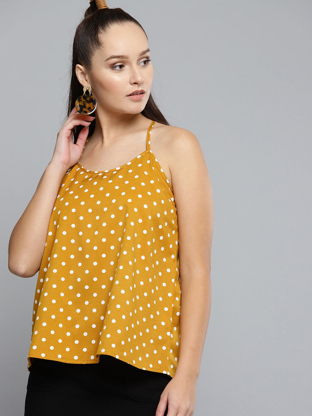 Women Mustard Yellow & White Printed Styled Back Top