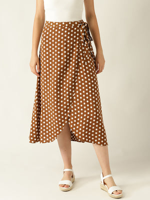 Women Brown & White Polka Dot Print Wrap Skirt