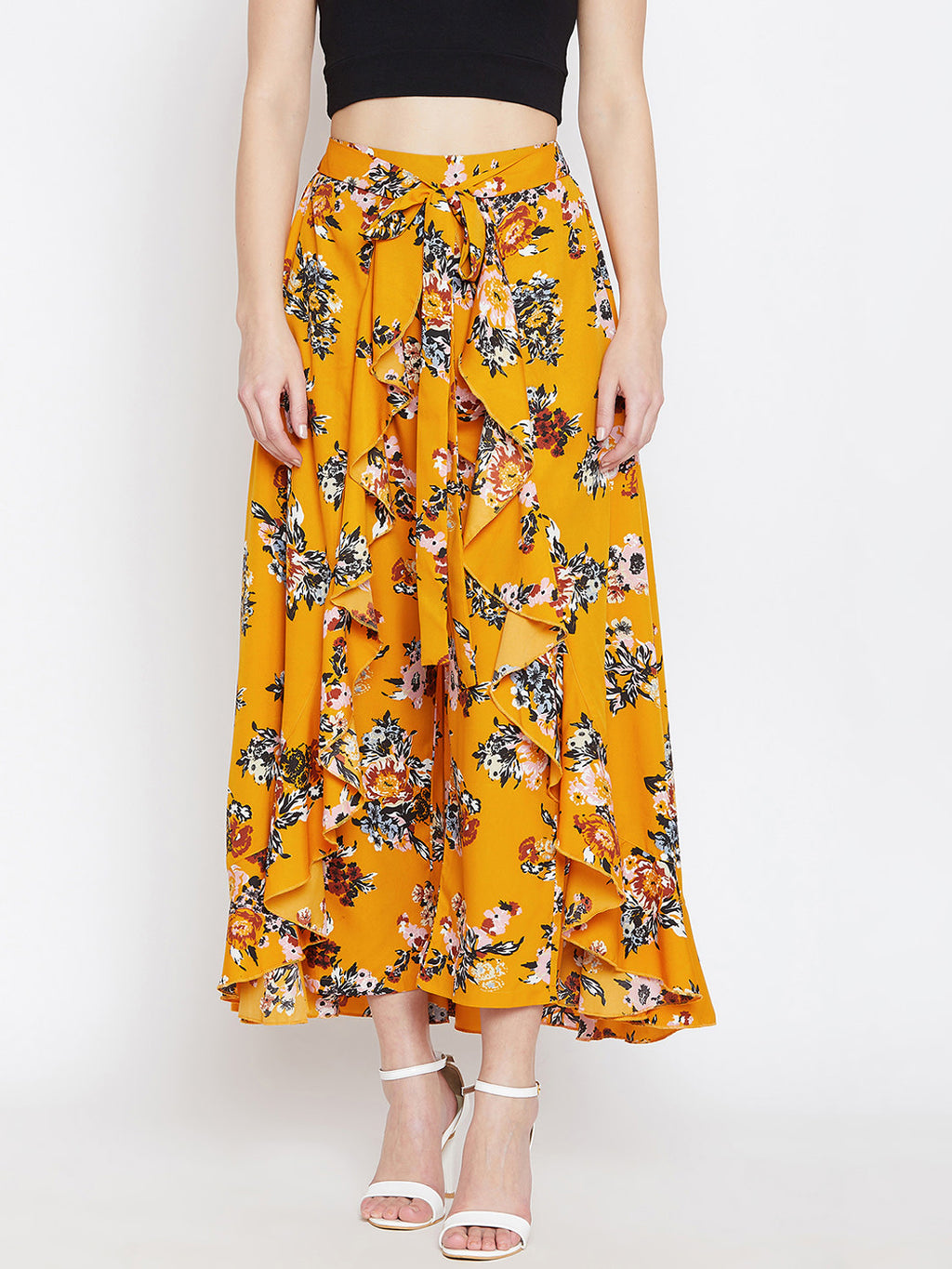 Women Mustard Yellow Printed Flared Maxi Skirt