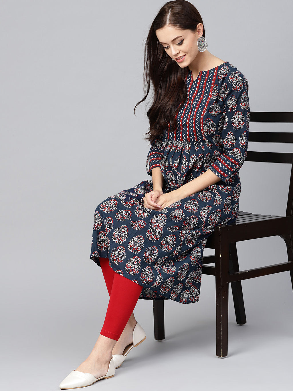 Women Navy Blue & Off-White Printed A-Line Kurta