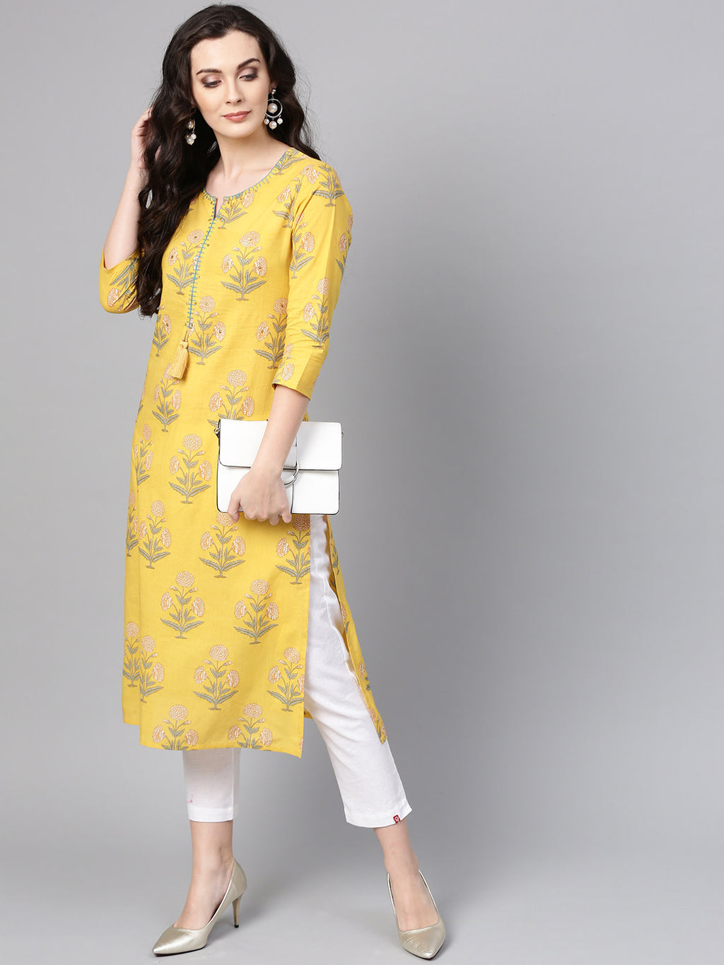 Women Yellow & Green Printed Straight Kurta