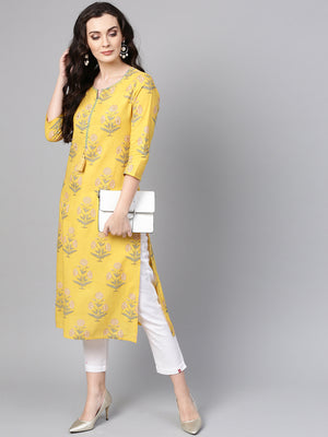 Women Yellow & Green Printed Straight Kurta