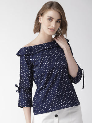 Women Navy & White Polk Dot Print Bardot Top