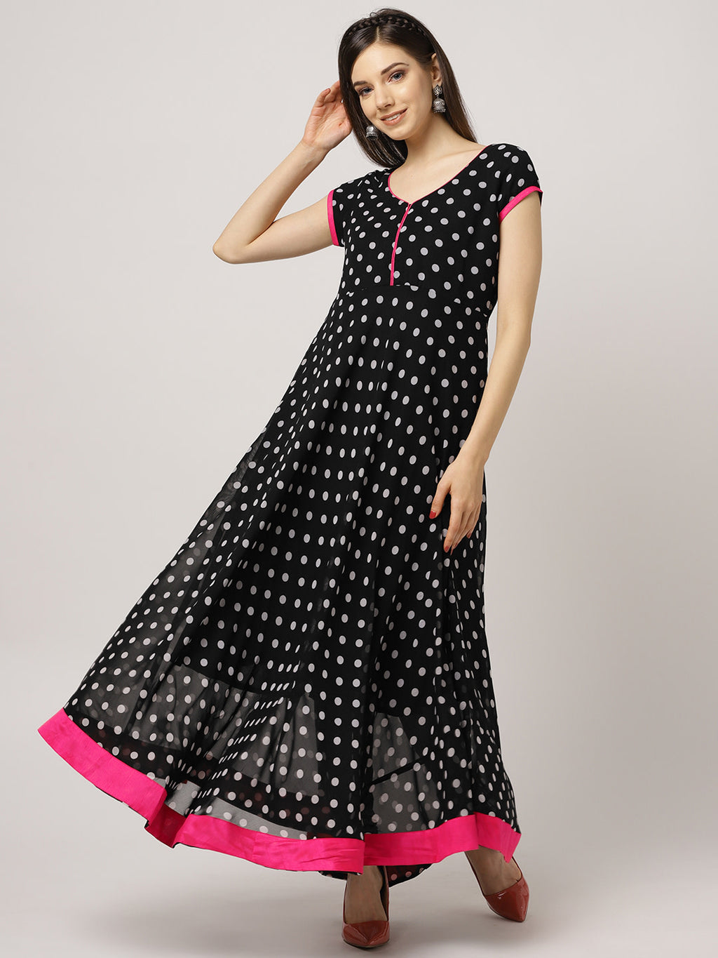 Women Black & White Polka Dot Print Anarkali Kurta