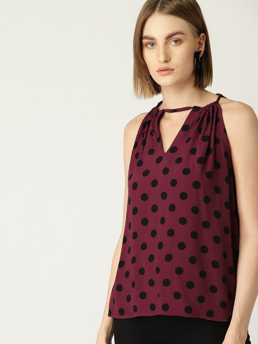 Women Burgundy & Black Polka Dot Print Top