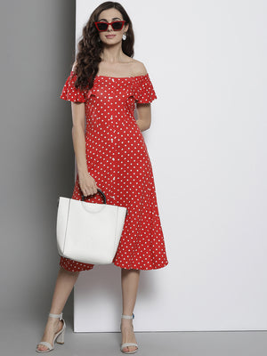 Women Red & White Printed A-Line Dress