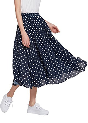 Chartou Women's Casual Contrast Polka Dot Chiffon Bohemia Swing Beach Midi A-Line Skirts