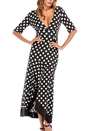 Lettre d'amour Women Vintage Polka Dot Ruffle Deep V-Neck Backless Bodycon Maxi Dress