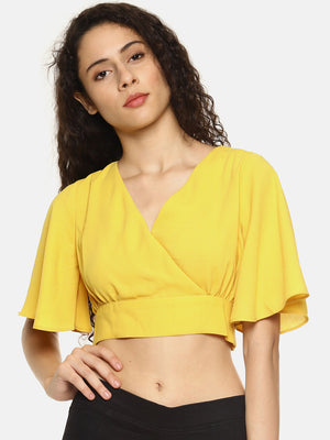 Women Yellow Solid Crop Styled Back Top