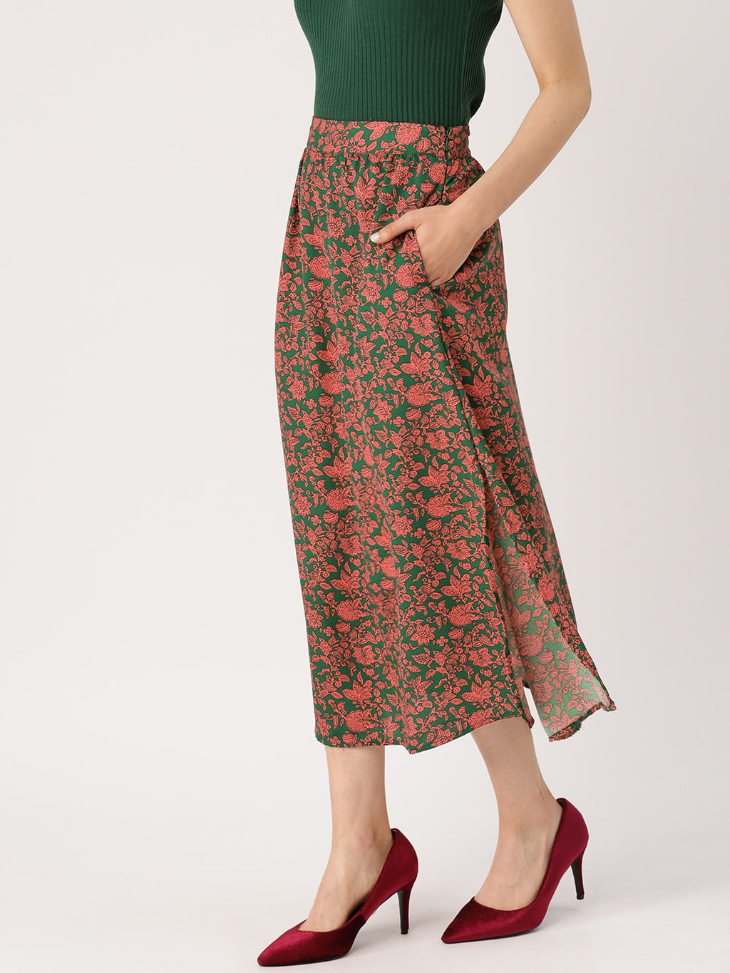 Women Green & Pink Printed Midi A-Line Skirt