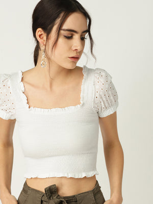 Women White Solid Fitted Crop Top Mango