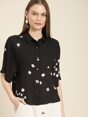 Women Black & White Regular Fit Printed Casual Shirt