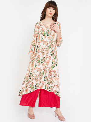 Women Off-White & Pink Printed A-Line Kurta