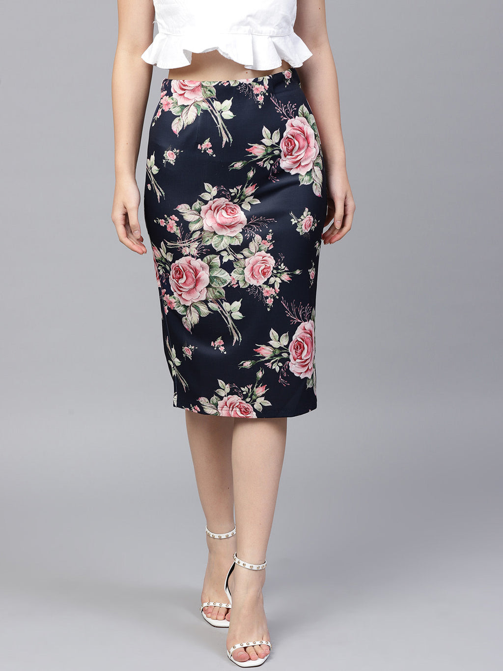 Women Navy Blue & Pink Printed Pencil Skirt