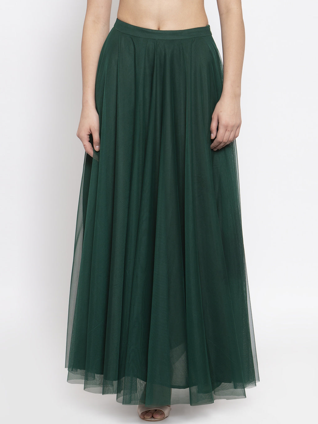 Women Green Solid Soft Net Fit & Flared Party Wear Maxi Skirt