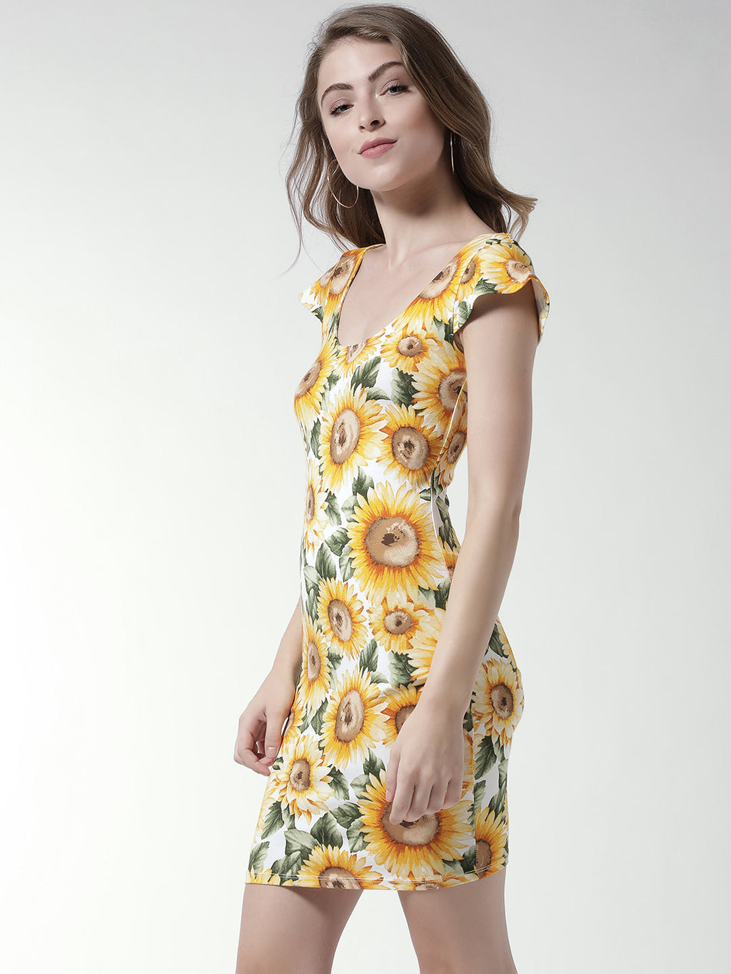 Women Mustard Yellow Printed Mini Bodycon Dress