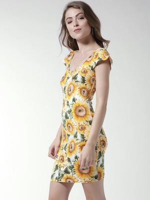 Women Mustard Yellow Printed Mini Bodycon Dress