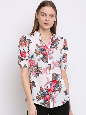 Women White & Red Printed Regular Fit Casual Shirt