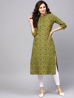 Women Green & Brown Printed Straight Kurta