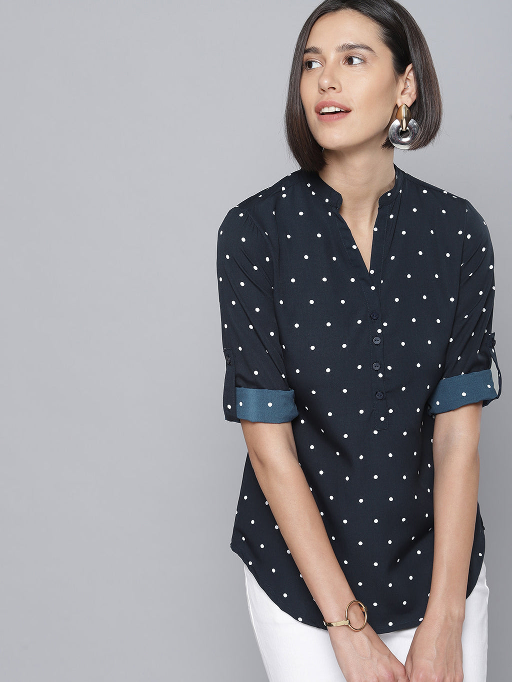 Women Navy Blue Printed Shirt Style Top