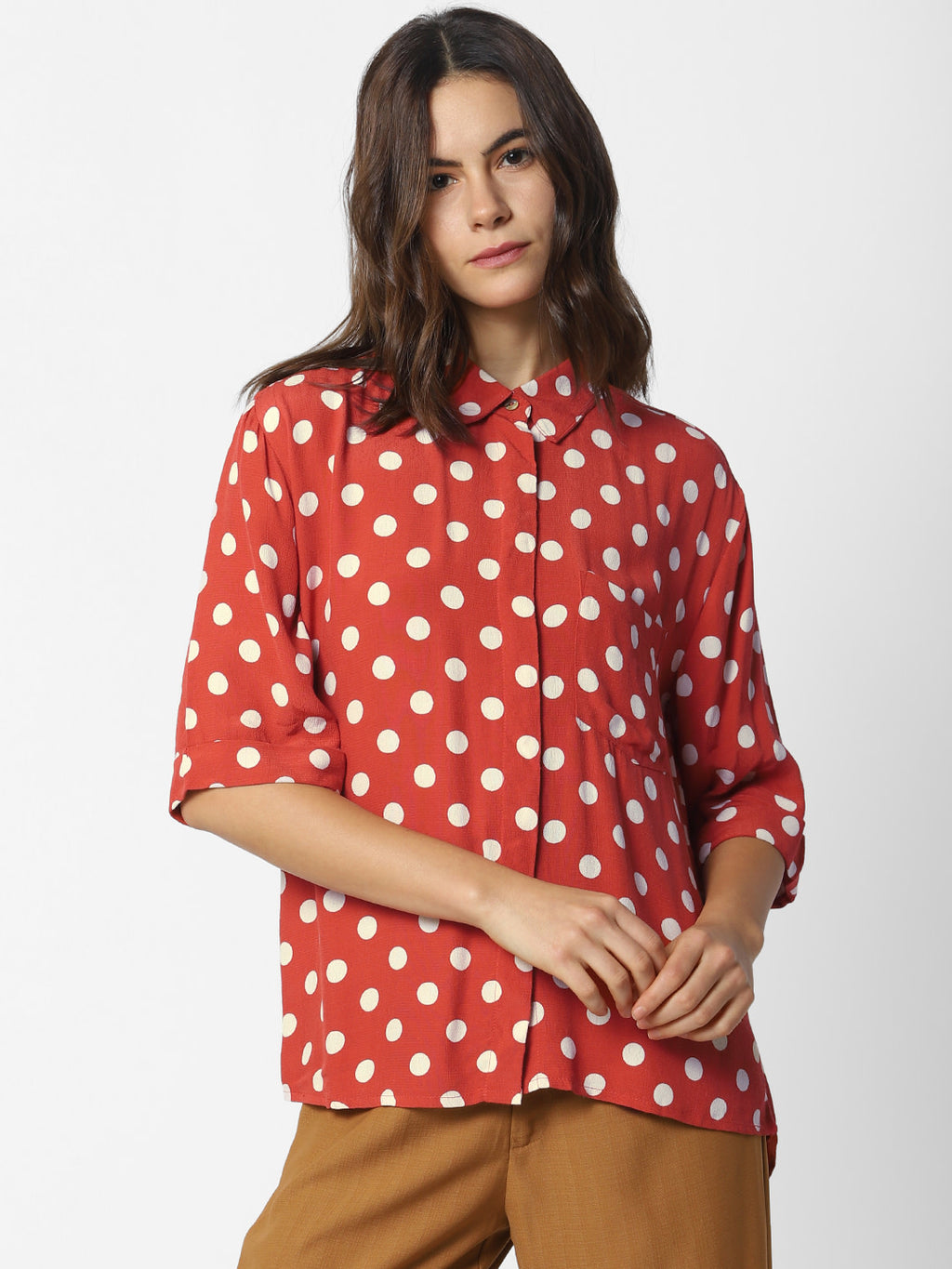 Women Red & White Regular Fit Printed Casual Shirt