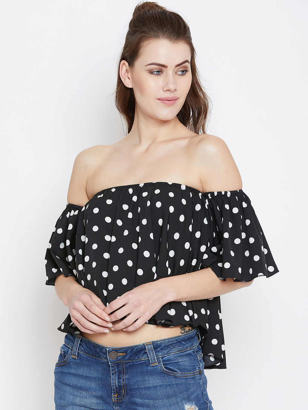 Women Black Printed Bardot Top