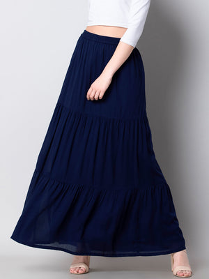 Women Navy-Blue Solid Tiered Maxi Skirt