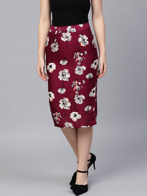 Women Burgundy & White Printed Pencil Skirt